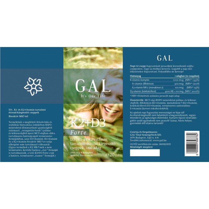 GAL K2D3 Forte vitamín, 1000 mcg K-komplex (MK-7) + 4000 NE D3